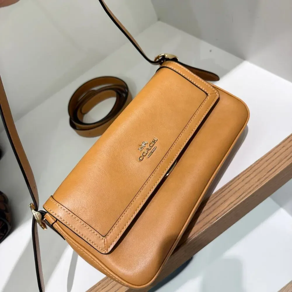 NEW‼️Coach Etta Small Flap Shoulder Bag CCV63  smooth leather/Gold/Brown